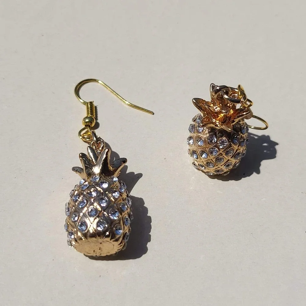 Gold Tone Rhinestone Pineapple Drop Earrings Gold Tropical Kitsch Dangle